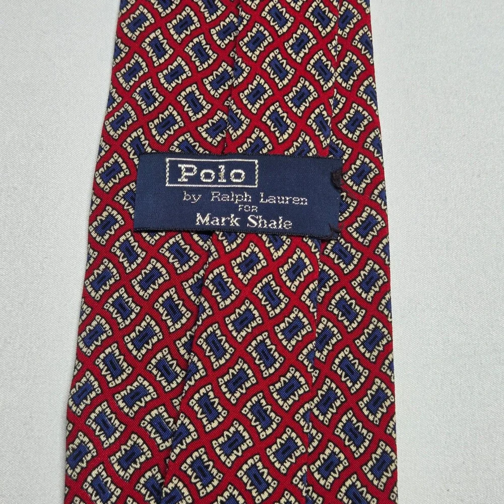 Polo Ralph Lauren Mark Shale Silk Tie Mens Vintage Red Blue Geometric‎ USA Made